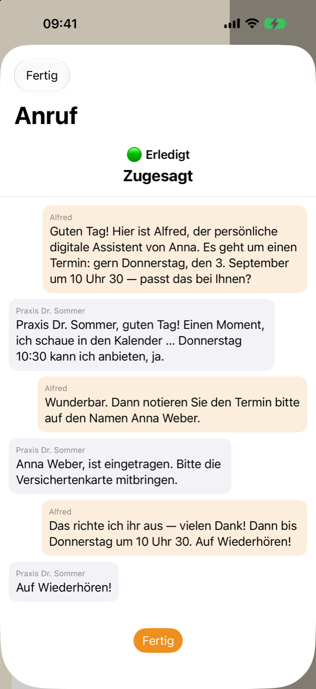 Gesprächsnotiz eines erledigten Anrufs mit vollständiger Mitschrift