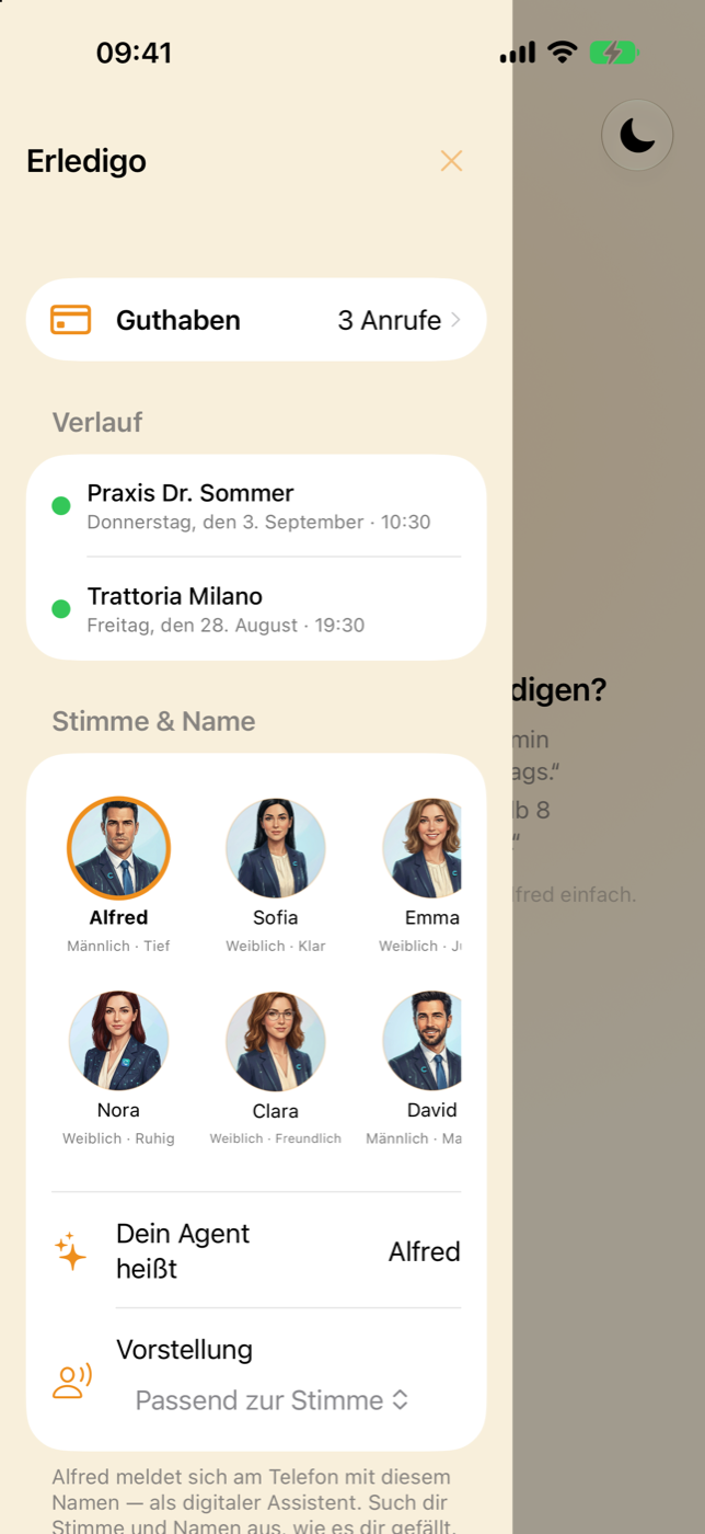 Menü mit Guthaben, Verlauf und Stimmenauswahl